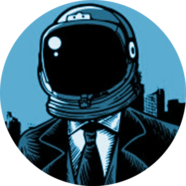 Memfis logo: a comic-ink astronaut in a suit and tie, city skyline behind him